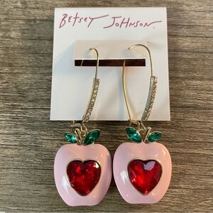 Nwt! BETSEY JOHNSON Pink ENAMEL Red HEART Rhinestone PIERCED Dangle EARRINGS
